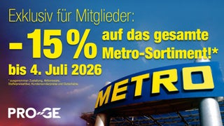 Bild: Firmenlogo vor dem Eingang eines METRO-Geschäfts, Text: Exklusiv: PRO-GE Mitglieder genießen alle Vorteile von Metro