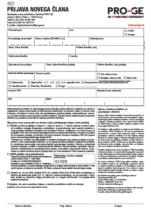 Prijava za članstvo v sindikatu PRO-GE