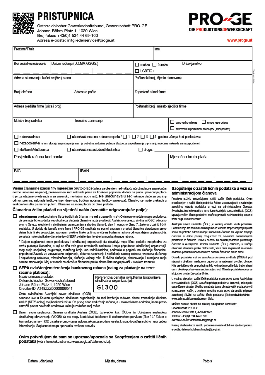 Prijava za članstvo u PRO-GE sindikatu