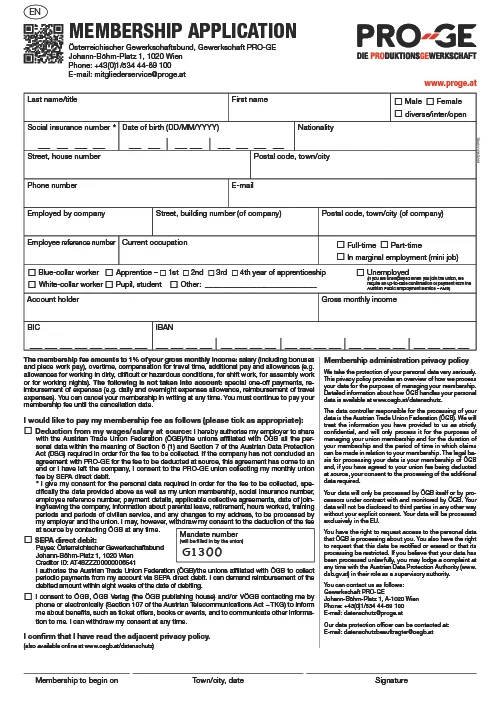 Membership application form for the PRO-GE trade union
