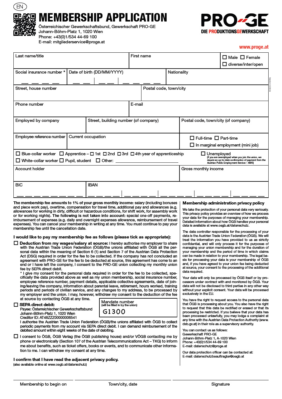Membership application form for the PRO-GE trade union