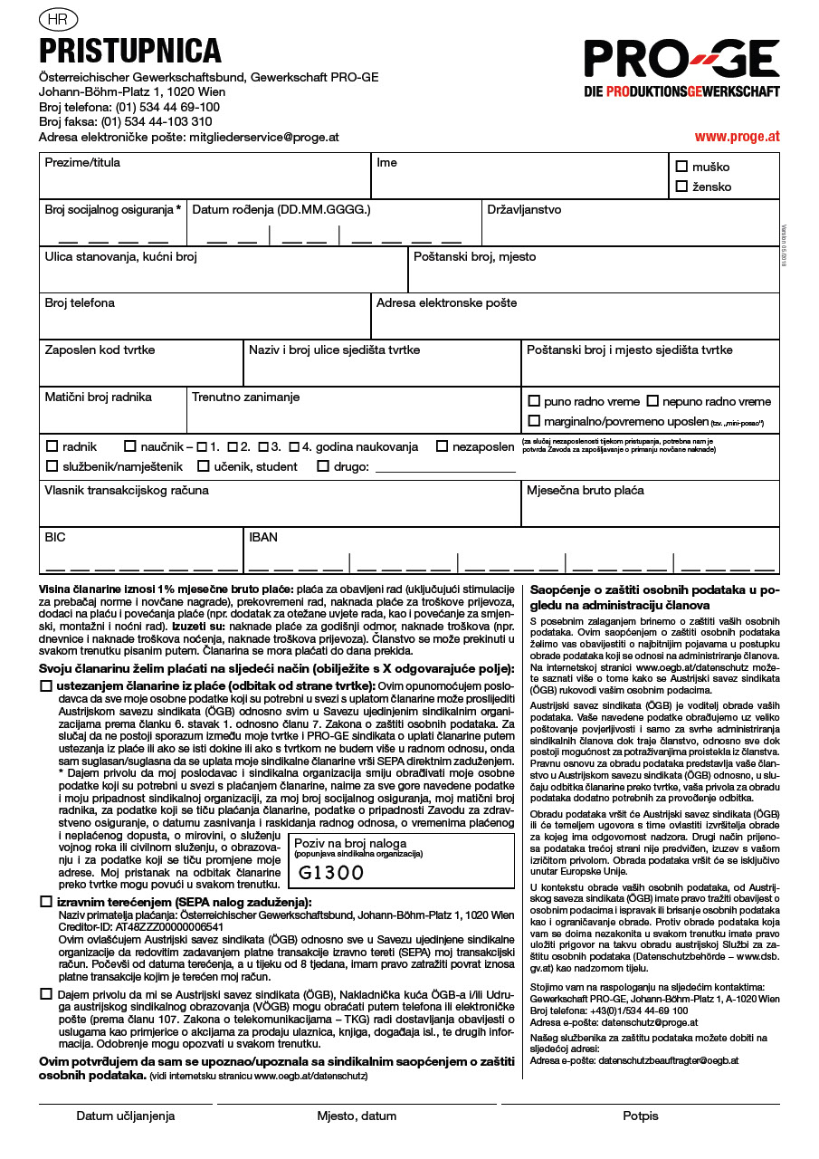 Prijava članstva u sindikatu PRO-GE