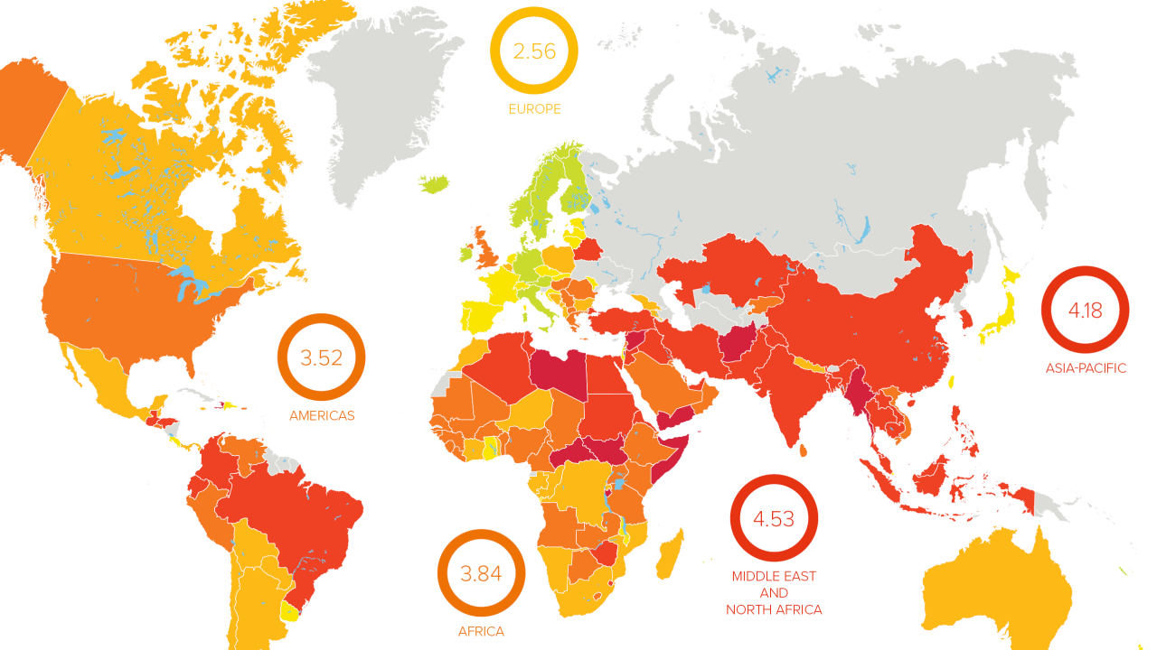 Der Globale Rechtsindex des IGB beschreibt die schlimmsten Länder der Welt für erwerbstätige Menschen und bewertet 149 Länder anhand ihrer jeweiligen Einhaltung der Arbeitnehmerrechte.